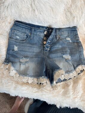 Mossimo Supply Co. Distressed Blue Denim Shorts with Cream Lace Trim